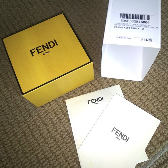FENDI 'FF Metal Logo Reversible Bracelet' Men's Canvas & Leather M Gry/Ylw NWT! - Picture 8 of 16